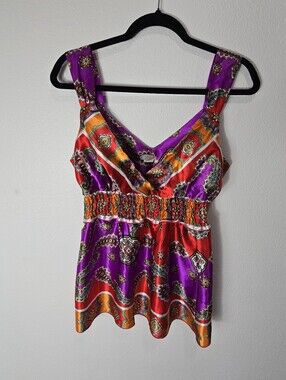 Rubber Ducky Productions, Inc. Purple, Red & Orange Paisley Top. Y2k Vintage